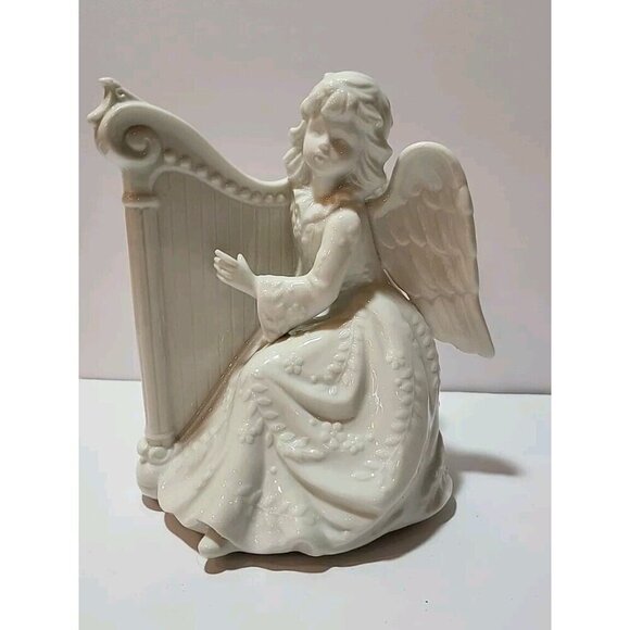 Midwest Taiwan White Porcelain Angel Harp Figurine Wind Up Music Box Vintage - Picture 1 of 7